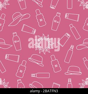 Vector seamless pattern Travel illustration Sun, sun hats, sunscreen cream, lotion, milk Skin protection from solar ultraviolet radiation Summer time, Stock Vector