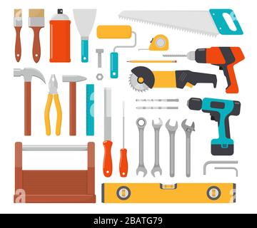 Collection of working tools. Repair and construction tools icon set. Hammer, pliers, chisel, file, screwdriver, brush, spatula, wrench, saw, drill rul Stock Vector