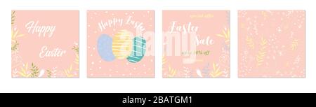 Vector Happy Easter templates square with eggs, flowers and typographic design easter sale, spring seamless pattern. Good for spring and Easter greeti Stock Vector