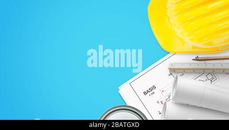Construction conposition with space on left side for text. Top view, flat lay. Blue desk with project papers and tools Stock Photo