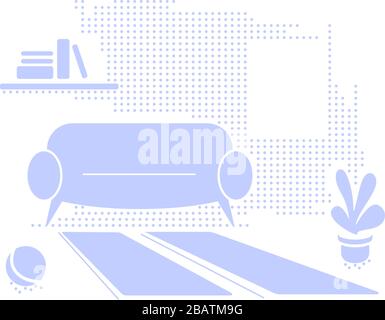 Blue interior textured background with empty space. Living room in Flat style vector illustration. Simple Sofa, window, book shelf, plant, carpet in monochrome color. Minimalistic cozy apartment decor Stock Vector