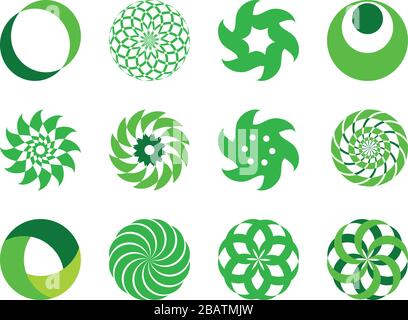 A set of 12 abstract round icons - vector type, colored in green. They can be used for graphic design: logos, business cards, flyers, brochures Stock Vector