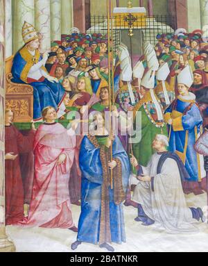SIENA, ITALY - JULY 10, 2017: Frescoes (1502) in Piccolomini Library in Siena Cathedral, Tuscany, Italy, by Pinturicchio depicting Pope Pius II enteri Stock Photo