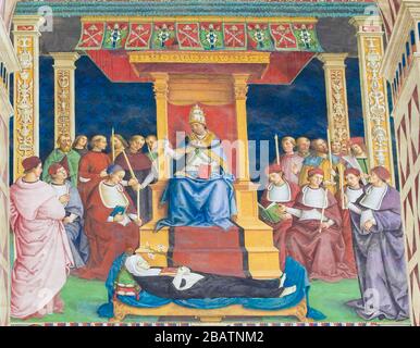SIENA, ITALY - JULY 10, 2017: Frescoes (1502) in Piccolomini Library in Siena Cathedral, Tuscany, Italy, by Pinturicchio depicting Pope Pius II canoni Stock Photo