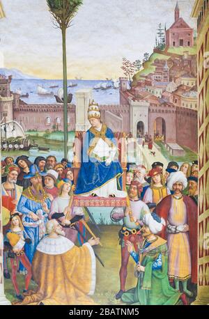 SIENA, ITALY - JULY 10, 2017: Frescoes (1502) in Piccolomini Library in Siena Cathedral, Tuscany, Italy, by Pinturicchio depicting Pope Pius II arrivi Stock Photo