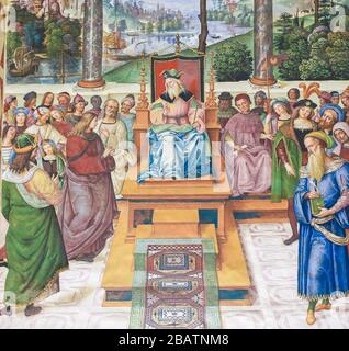 SIENA, ITALY - JULY 10, 2017: Frescoes (1502) in Piccolomini Library in Siena Cathedral, Italy, by Pinturicchio depicting Enea Silvio Piccolomini as a Stock Photo