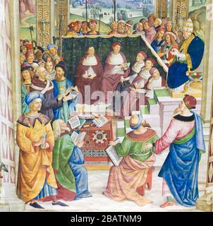 SIENA, ITALY - JULY 10, 2017: Frescoes (1502) in Piccolomini Library in Siena Cathedral, Tuscany, Italy, by Pinturicchio depicting Pope Pius II convok Stock Photo