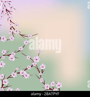 The sakura flowers, great design for any purposes. Nature seamless pattern. Japanese illustration with pink the sakura flowers on green background Stock Vector