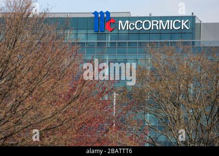 A logo sign outside of the headquarters of McCormick & Company in Hunt Valley, Maryland on March 26, 2020. Stock Photo