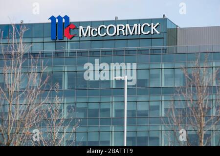 A logo sign outside of the headquarters of McCormick & Company in Hunt Valley, Maryland on March 26, 2020. Stock Photo