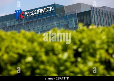 A logo sign outside of the headquarters of McCormick & Company in Hunt Valley, Maryland on March 26, 2020. Stock Photo