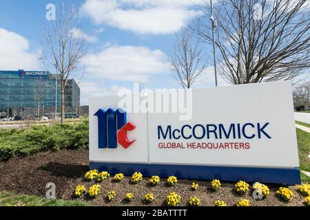 A logo sign outside of the headquarters of McCormick & Company in Hunt Valley, Maryland on March 26, 2020. Stock Photo