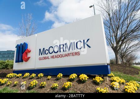 A logo sign outside of the headquarters of McCormick & Company in Hunt Valley, Maryland on March 26, 2020. Stock Photo