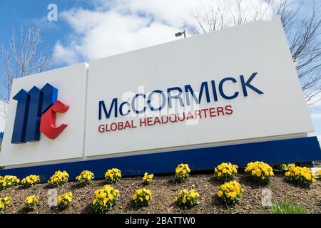 A logo sign outside of the headquarters of McCormick & Company in Hunt Valley, Maryland on March 26, 2020. Stock Photo