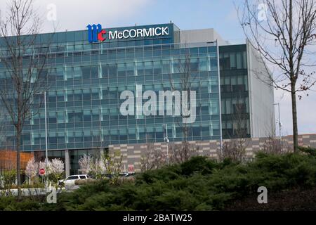 A logo sign outside of the headquarters of McCormick & Company in Hunt Valley, Maryland on March 26, 2020. Stock Photo