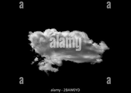 Real white and grey cloud isolated on black background. White fluffy cloud on dark background. Stock Photo
