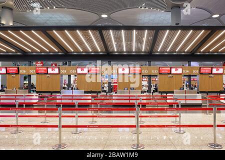 Empty check-in area in new main Istanbul International Airport. Stock Photo