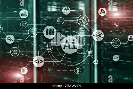Artificial Intelligence. AI. Infographic illustration on fantastic computer center. Stock Photo