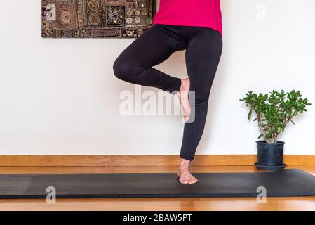 Middle aged woman practicing yoga, Tree pose. Stock Photo