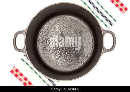 Cast iron pan with two handles top view on a white background Stock Photo