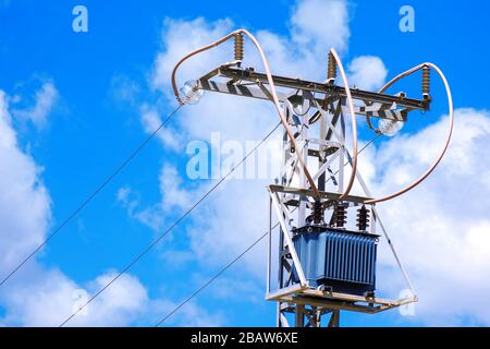 Close-up view of electric tower. ElectricityClose-up view of electric tower. Electricity concept pole construction. Electrical resistance. concept pol Stock Photo