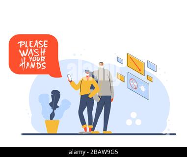 Please wash your hands mwssage. Coronavirus pandemic notice. Young man and woman in white medical face mask. Friends protecting from virus infection. Stock Vector