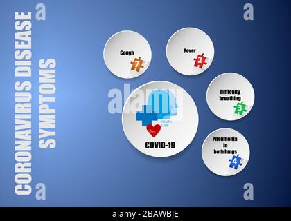 Four Covid-19 disease symptoms vector presentation on blue background. Stock Vector