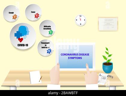 Doctor is holding a tablet with the inscription Covid-19 Symptoms. Four symptoms of disease are on circular infographics on the yellow wall. Stock Vector