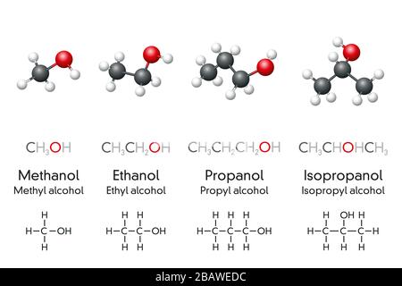 Methanol, ethanol, propanol and isopropanol, molecular models and chemical formulas of alcohol compounds. Used as fuel, antiseptic and  disinfectant. Stock Photo