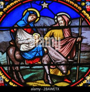 Saint-Adresse, France - August 15, 2019: Stained Glass in the Chapel of Notre-Dame-des-flots (1857) in Sainte Adresse, Le Havre, France, depicting the Stock Photo