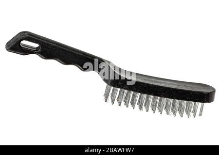 Steel wire brush with handle from black plastic for cleaning and polishing hard or metal equipment, isolated on white background Stock Photo