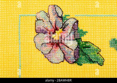 Ornament from embroidered flowers, cross-stitch on textile canvas Stock Photo