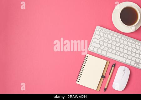 Keyboard and mouse on the pink background. Top view. Copy space Stock Photo