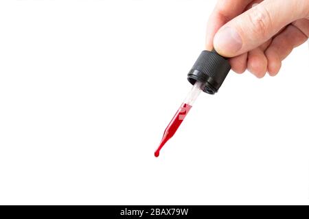 Blood or other red liquid drop from glass pipette isolated on white Stock Photo