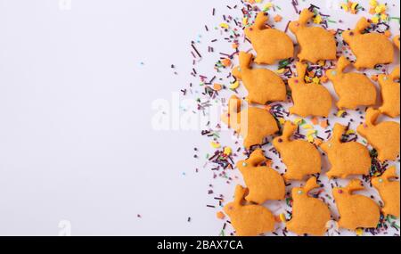 Easter cookies in the form of cute rabbits on a white background, the concept of a spring church holiday, Space for text Stock Photo