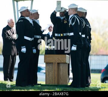 'Sailors participate in the graveside service for U.S. Navy Petty Officer 3rd Class Charles Thomas Dougherty in Arlington National Cemetery, April 18, 2016, in Arlington, Va. Dougherty was inurned in ANC’s Columbarium Court 9. (U.S. Army photo Rachel Larue/Arlington National Cemetery/Rachel Larue); 18 April 2016, 09:10; Graveside Service for U.S. Navy Petty Officer 3rd Class Charles Thomas Dougherty in Arlington National Cemetery; Arlington National Cemetery; '