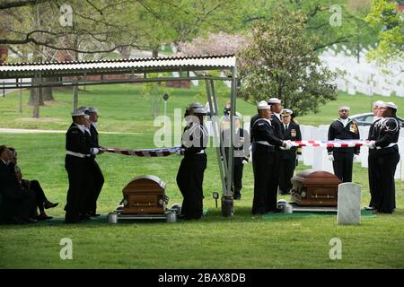'U.S. Navy sailors participate in the graveside service for Capt. Arthur F. Rawson and his wife Lt. Junior Grade Patricia O. Rawson, April 21, 2016, in Arlington, Va. Both Arthur and Patricia served in the U.S. Navy and were buried together, at the same service, in Arlington National Cemetery. (U.S. Army photo by Rachel Larue/Arlington National Cemetery/released); 21 April 2016, 14:08; Graveside service for U.S. Navy Capt. Arthur F. Rawson and his wife Lt. Junior Grade Patricia O. Rawson in Arlington National Cemetery; Arlington National Cemetery; '