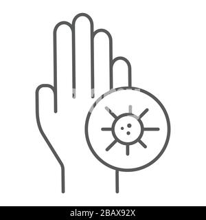 Coronavirus on hand thin line icon, wash and hygiene, virus on hand sign, vector graphics, a linear pattern on a white background, eps 10. Stock Vector
