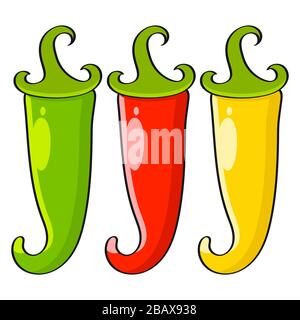 Hot chilli pepper vector set isolated on white background. Red, yellow and green. Stock Vector