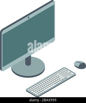 Isometric style computer. Monitor, keyboard and wireless mouse. Vector isolated illustration. Stock Vector