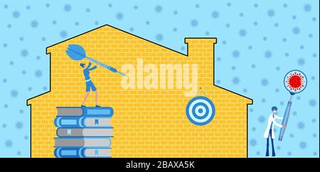 In corona virus quarantine days busineswoman working for victory in home office. All the objects, shadows and background are in different layers. Stock Vector