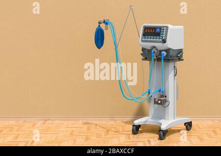 Medical ventilator in room on the wooden floor, 3D rendering Stock Photo