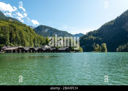 Boathouses in Lake Koenigssee in Schoenau, Bavaria/Germany Stock Photo