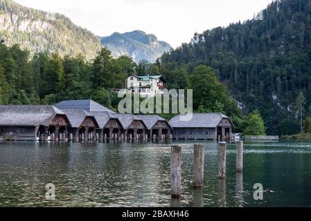 Wooden Boathouses in Lake Koenigssee in Schoenau, Bavaria/Germany Stock Photo