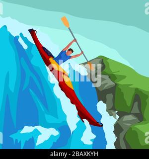 rafting man in red boat Stock Vector