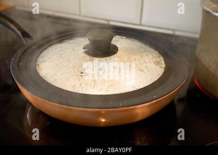 Fried chicken thighs simmering in frying pan with lid on Stock Photo