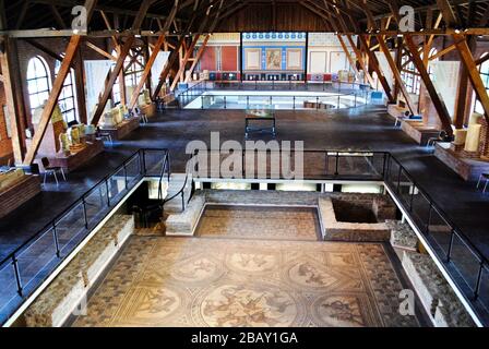 BAD KRUEZNACH, GERMANY: Römerhalle (Roman Hall) Museum features two large Roman mosaic floors from a Villa Rustica (countryside villa). Stock Photo