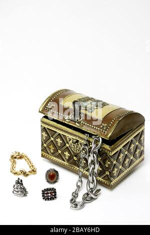 metal chest with jewelry Stock Photo