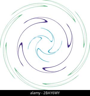 Single mottled, multi-color and colorful spiral, swirl, twirl element. Twisted cyclic, circular and radial, radiating whorl, volute shape Stock Vector