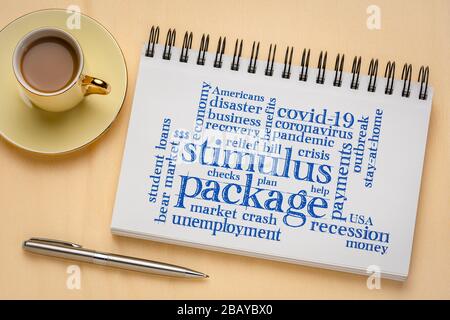 stimulus package word cloud in sketchbook, relief bill during covid-19 coronavirus pandemic concept Stock Photo